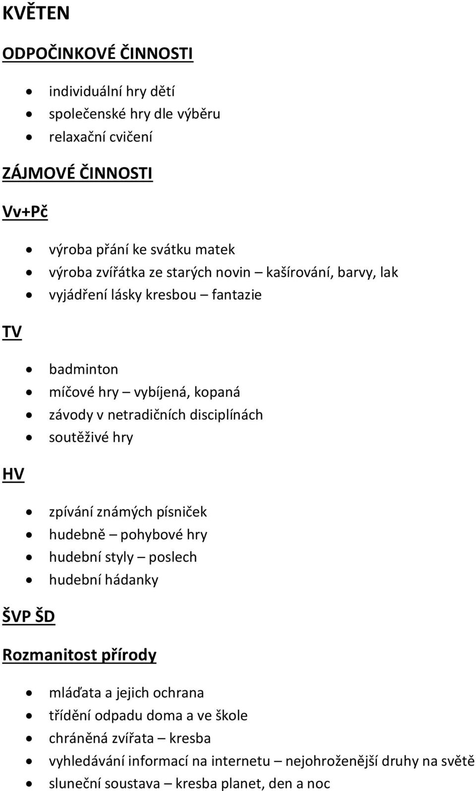 disciplínách soutěživé hry HV zpívání známých písniček hudebně pohybové hry hudební styly poslech hudební hádanky ŠVP ŠD Rozmanitost přírody mláďata a