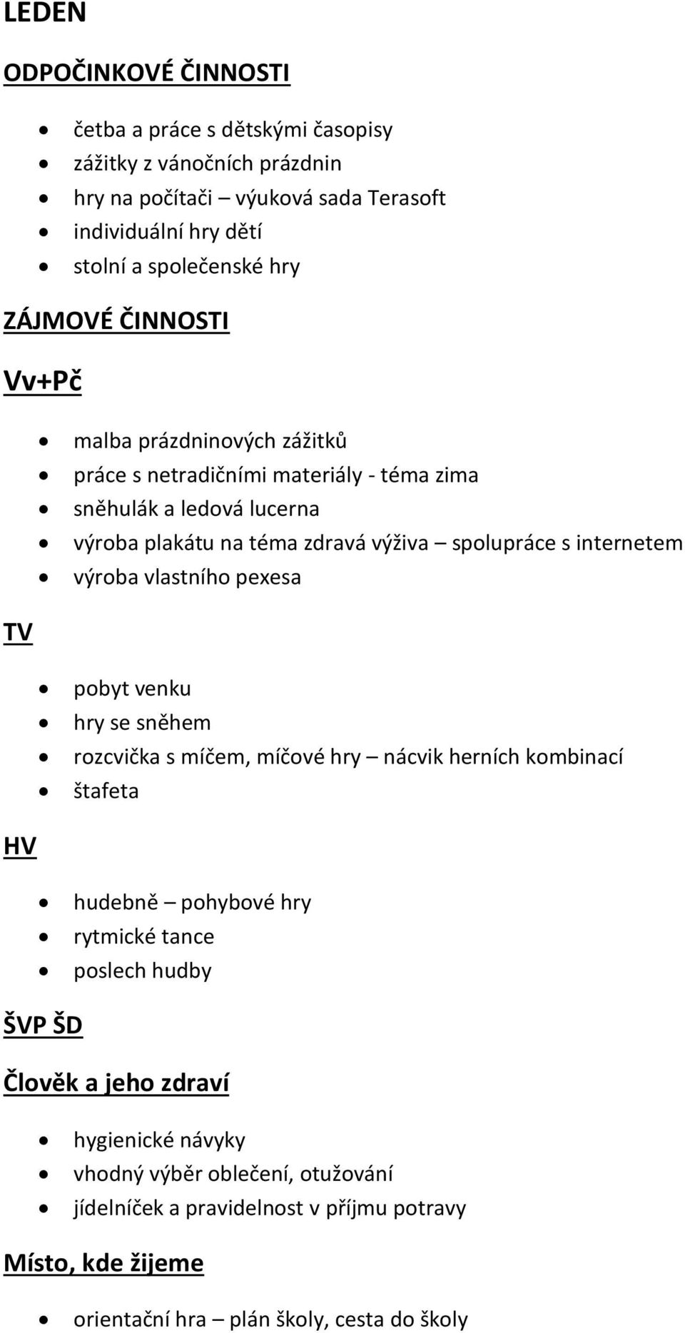 internetem výroba vlastního pexesa TV pobyt venku hry se sněhem rozcvička s míčem, míčové hry nácvik herních kombinací štafeta HV hudebně pohybové hry rytmické tance poslech