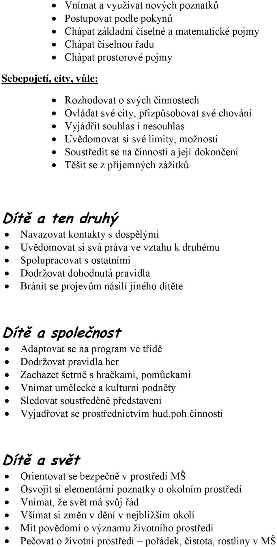 ten druhý Navazovat kontakty s dospělými Uvědomovat si svá práva ve vztahu k druhému Spolupracovat s ostatními Dodržovat dohodnutá pravidla Bránit se projevům násilí jiného dítěte Dítě a společnost