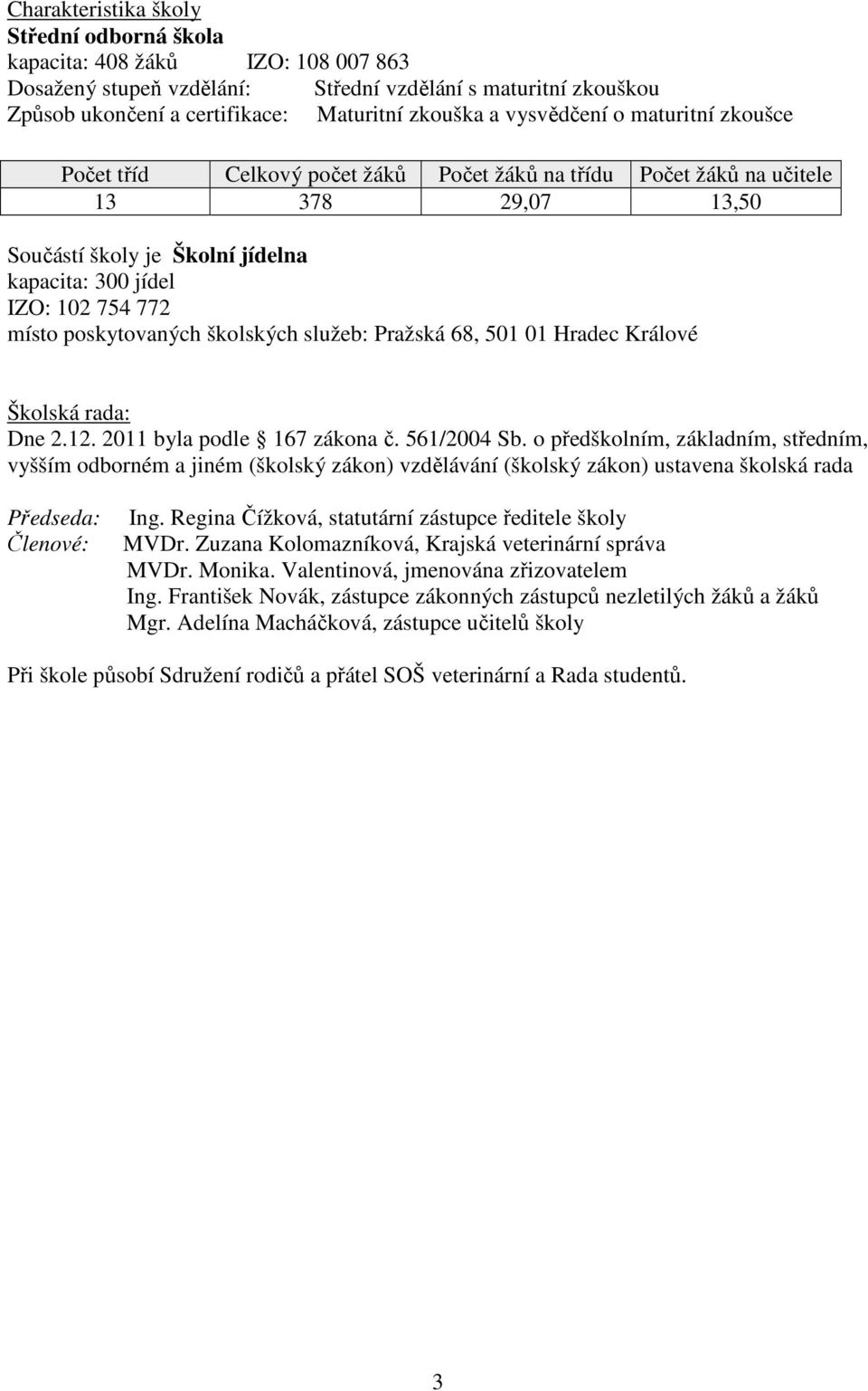 poskytovaných školských služeb: Pražská 68, 501 01 Hradec Králové Školská rada: Dne 2.12. 2011 byla podle 167 zákona č. 561/2004 Sb.