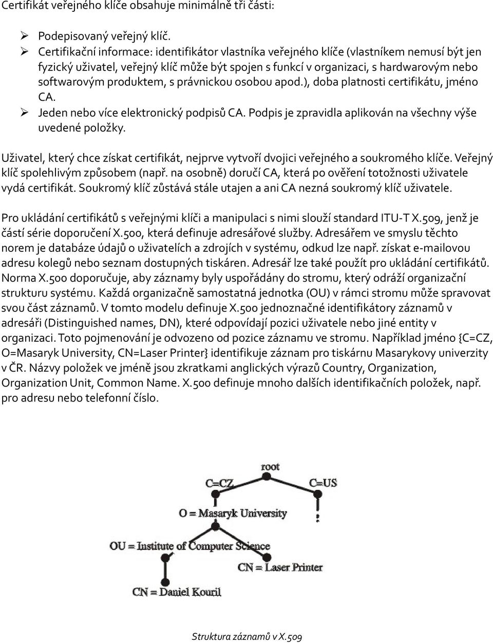 produktem, s právnickou osobou apod.), doba platnosti certifikátu, jméno CA. Jeden nebo více elektronický podpisů CA. Podpis je zpravidla aplikován na všechny výše uvedené položky.