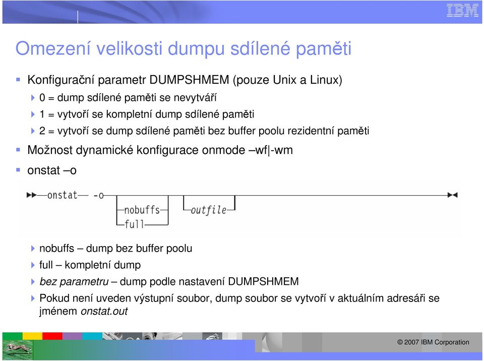 paměti Možnost dynamické konfigurace onmode wf -wm onstat o nobuffs dump bez buffer poolu full kompletní dump bez parametru