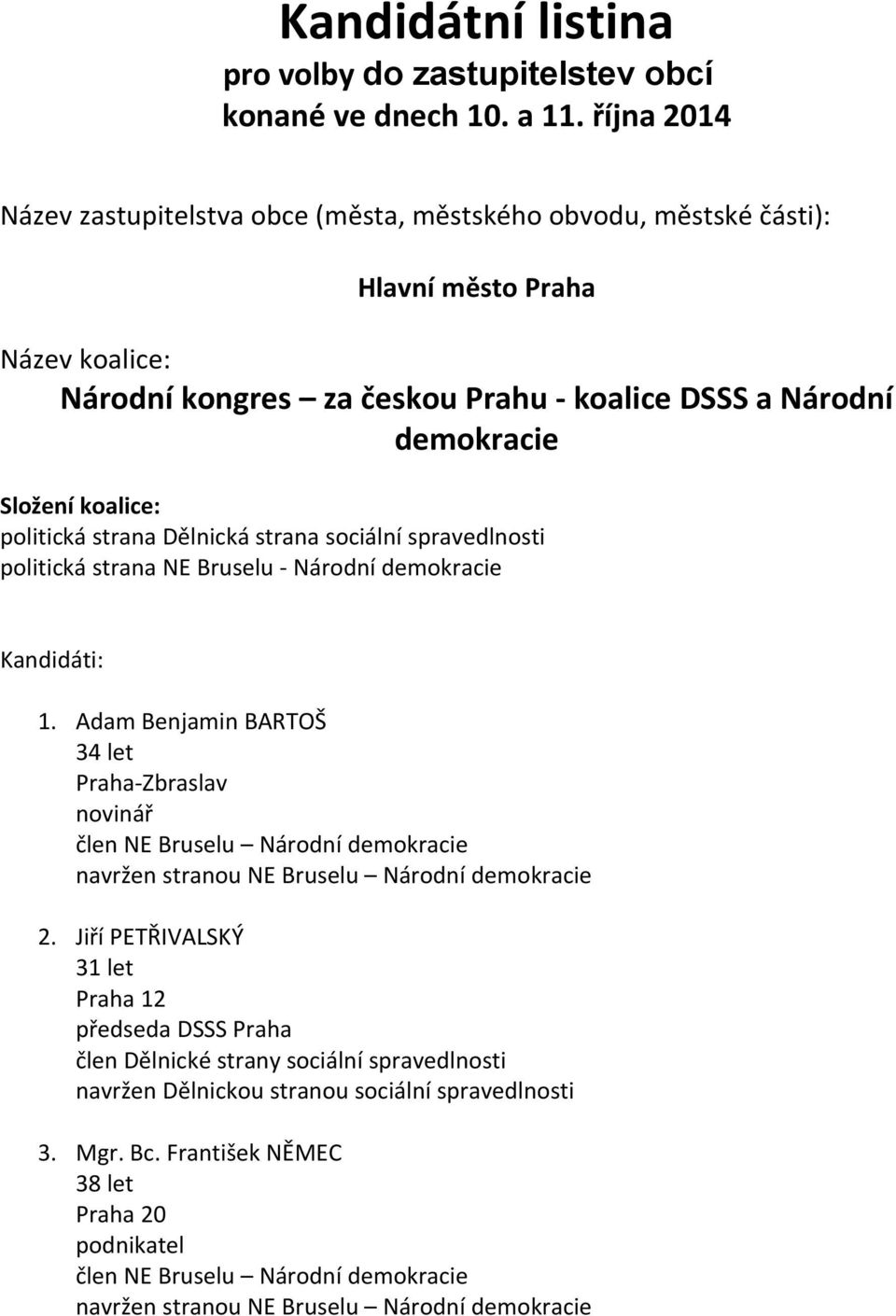 českou Prahu - koalice DSSS a Národní demokracie Složení koalice: politická strana Dělnická strana sociální spravedlnosti politická