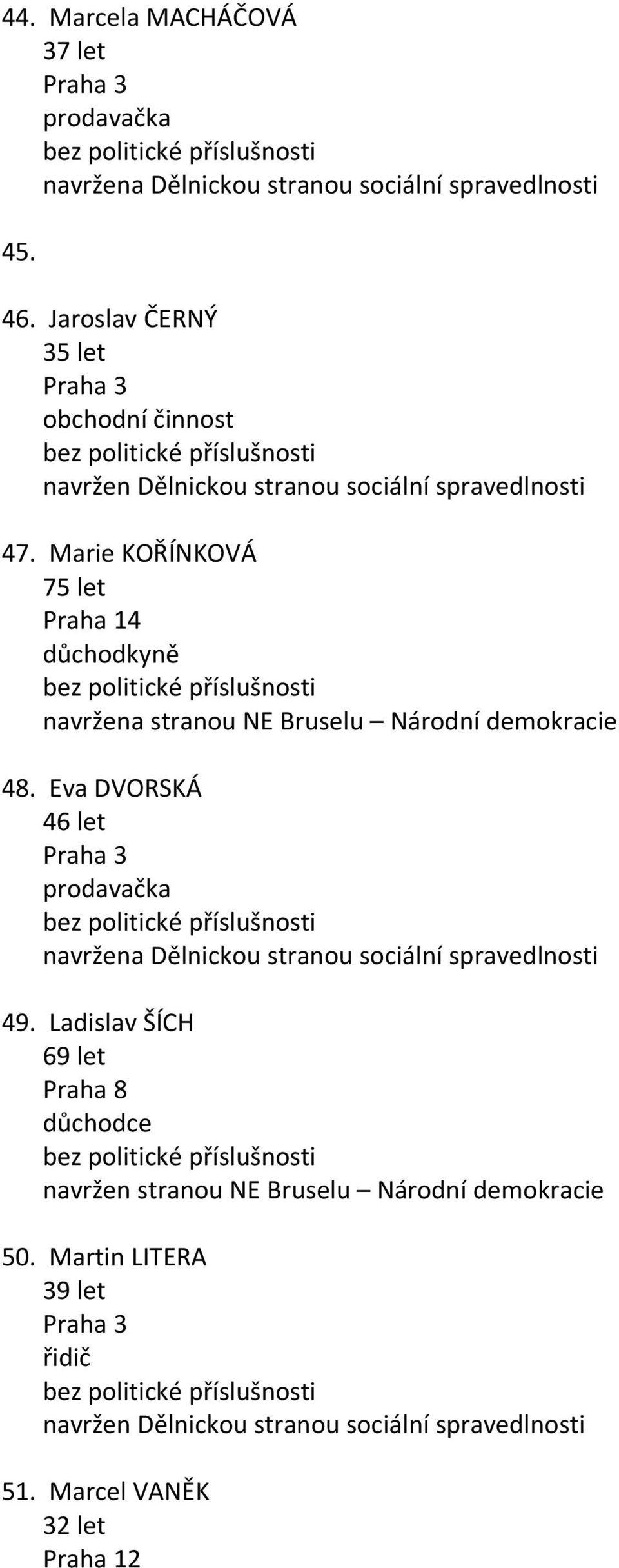 Marie KOŘÍNKOVÁ 75 let Praha 14 důchodkyně navržena stranou NE Bruselu Národní