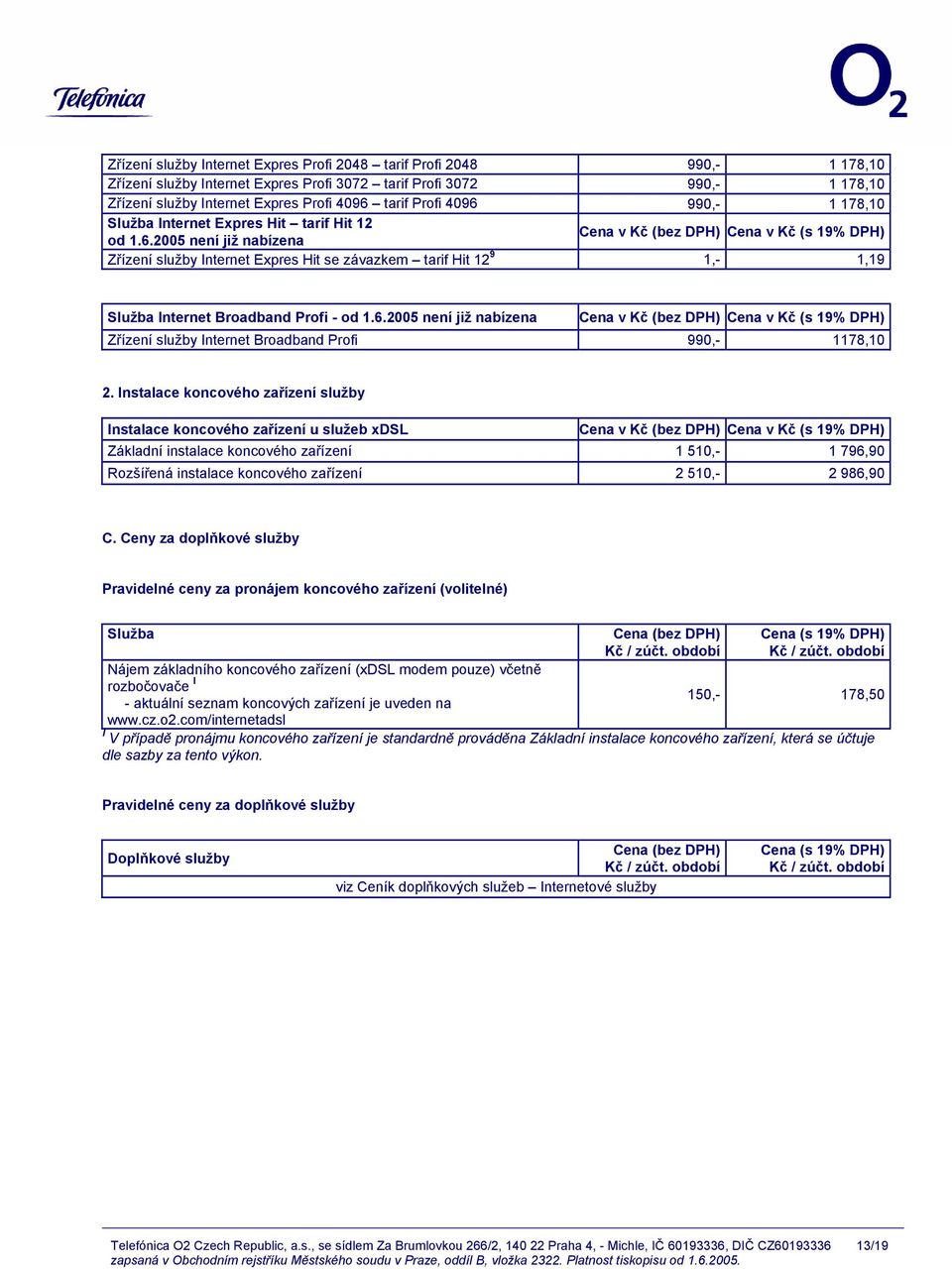 6.2005 není již nabízena Cena v Kč (bez DPH) Cena v Kč (s 19% DPH) Zřízení služby Internet Broadband Profi 990,- 1178,10 2.