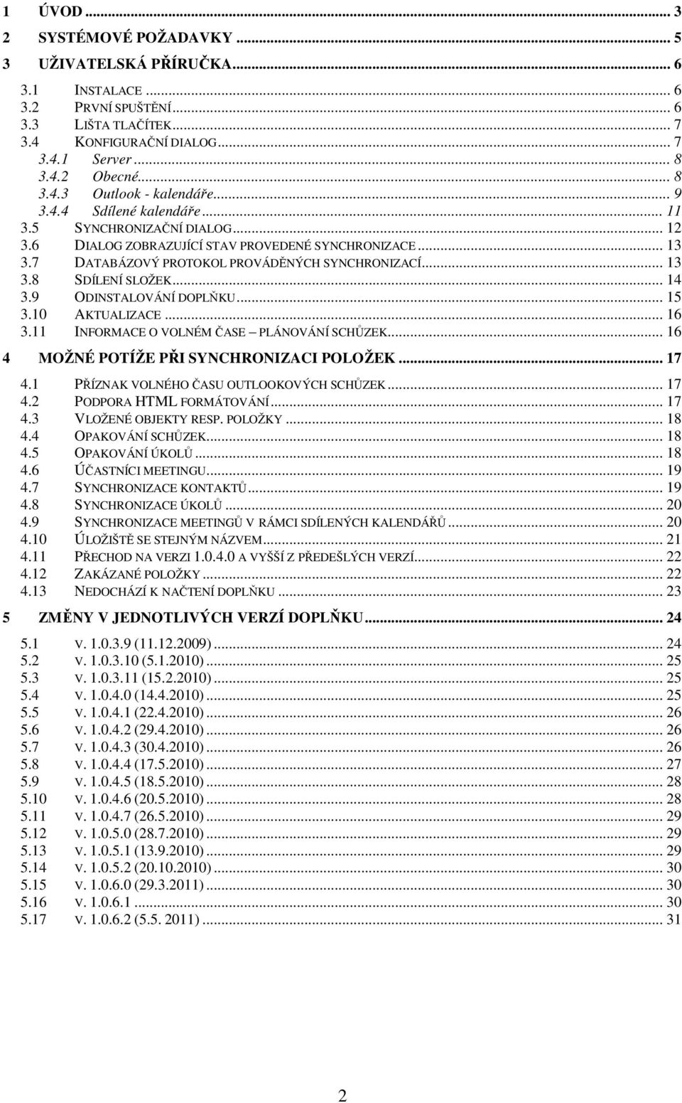 .. 14 3.9 ODINSTALOVÁNÍ DOPLŇKU... 15 3.10 AKTUALIZACE... 16 3.11 INFORMACE O VOLNÉM ČASE PLÁNOVÁNÍ SCHŮZEK... 16 4 MOŽNÉ POTÍŽE PŘI SYNCHRONIZACI POLOŽEK... 17 4.