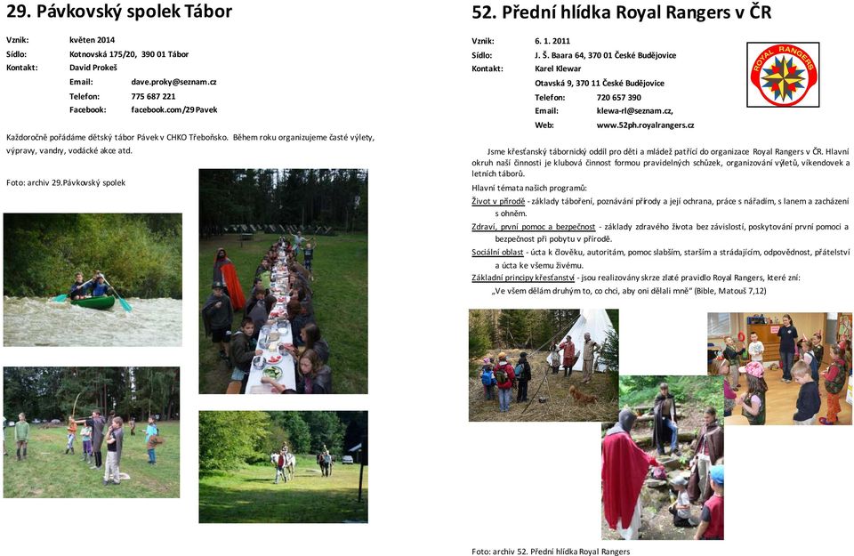 cz, www.52ph.royalrangers.cz Každoročně pořádáme dětský tábor Pávek v CHKO Třeboňsko. Během roku organizujeme časté výlety, výpravy, vandry, vodácké akce atd. Foto: archiv 29.