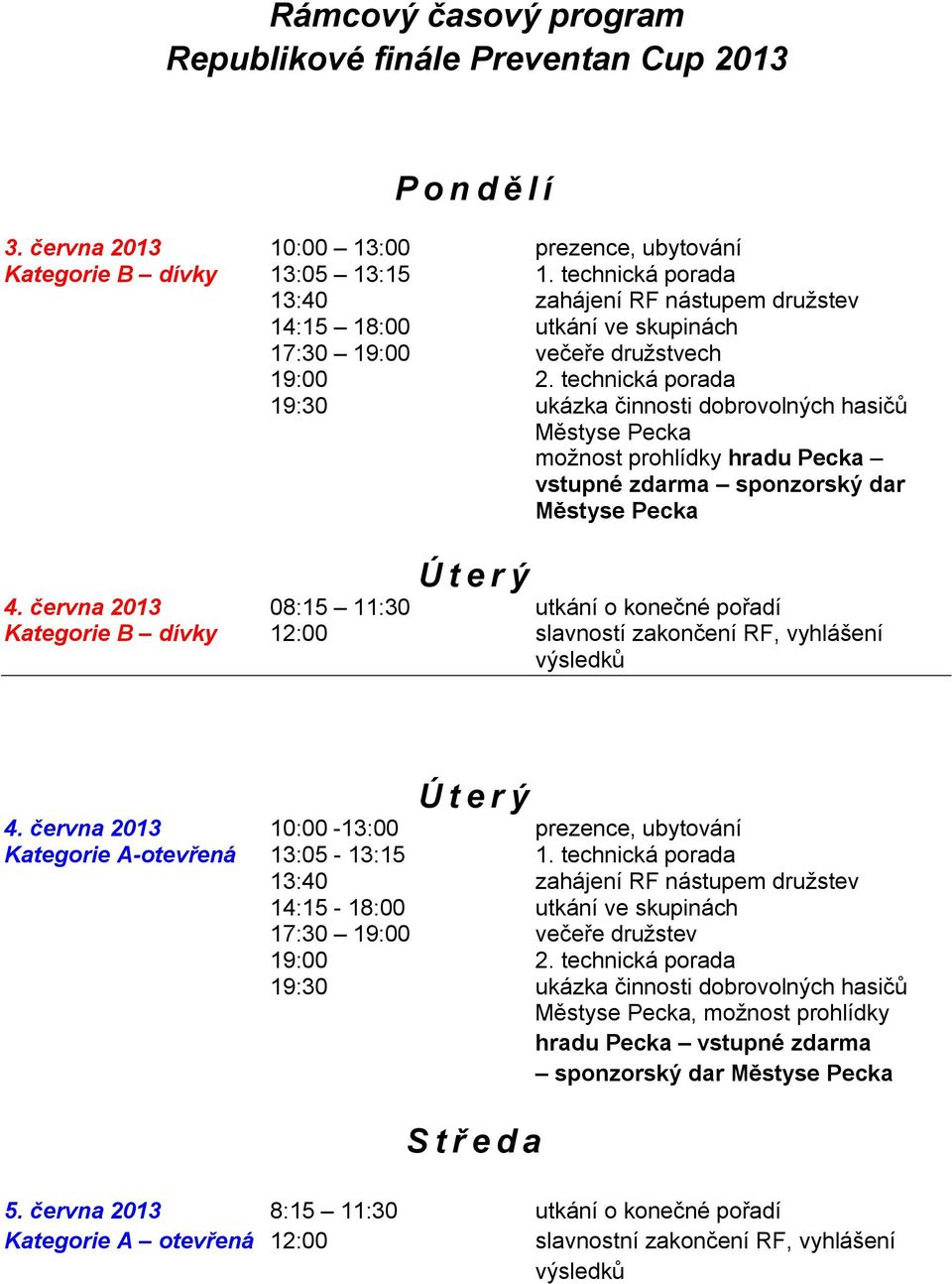 technická porada 19:30 ukázka činnosti dobrovolných hasičů Městyse Pecka možnost prohlídky hradu Pecka vstupné zdarma sponzorský dar Městyse Pecka Ú t e r ý 4.