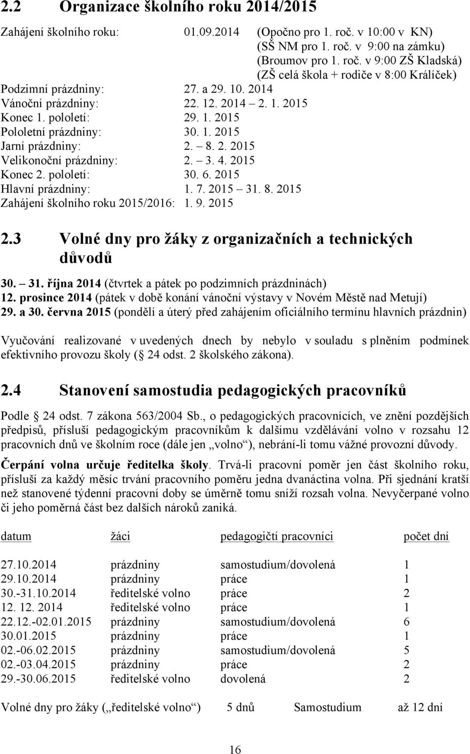 pololetí: 30. 6. 2015 Hlavní prázdniny: 1. 7. 2015 31. 8. 2015 Zahájení školního roku 2015/2016: 1. 9. 2015 2.3 Volné dny pro žáky z organizačních a technických důvodů 30. 31. října 2014 (čtvrtek a pátek po podzimních prázdninách) 12.