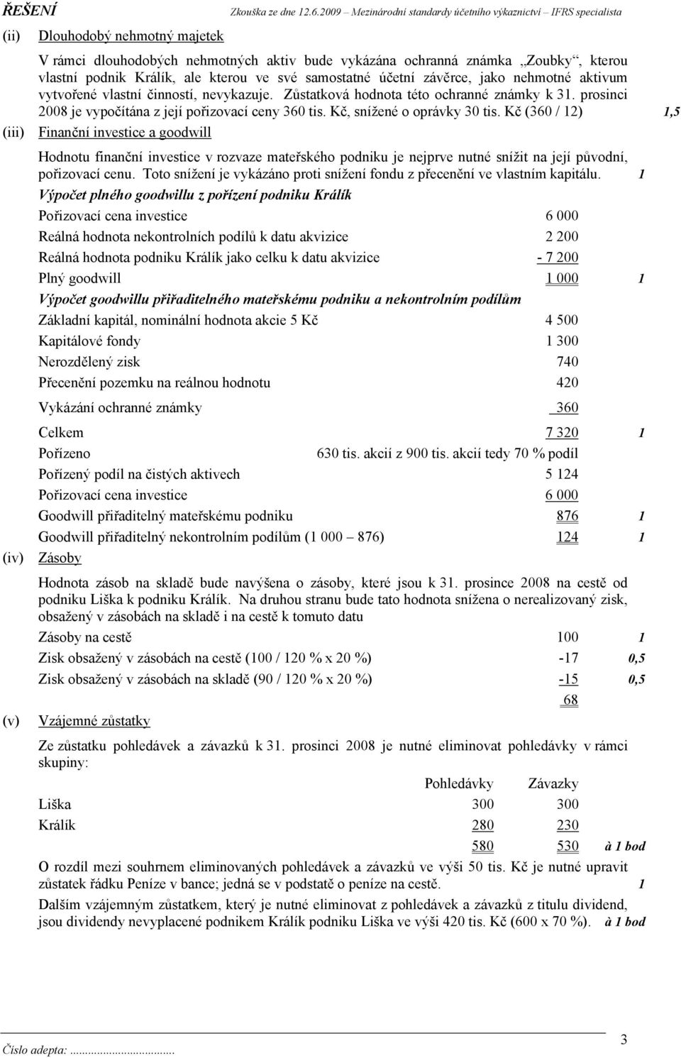 Kč (360 / 12) 1,5 (iii) Finanční investice a goodwill Hodnotu finanční investice v rozvaze mateřského podniku je nejprve nutné snížit na její původní, pořizovací cenu.