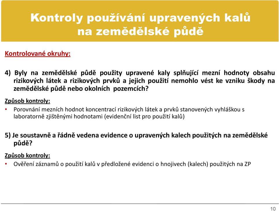 Způsob kontroly: Porovnání mezních hodnot koncentrací rizikových látek a prvků stanovených vyhláškou s laboratorně zjištěnými hodnotami (evidenční list pro