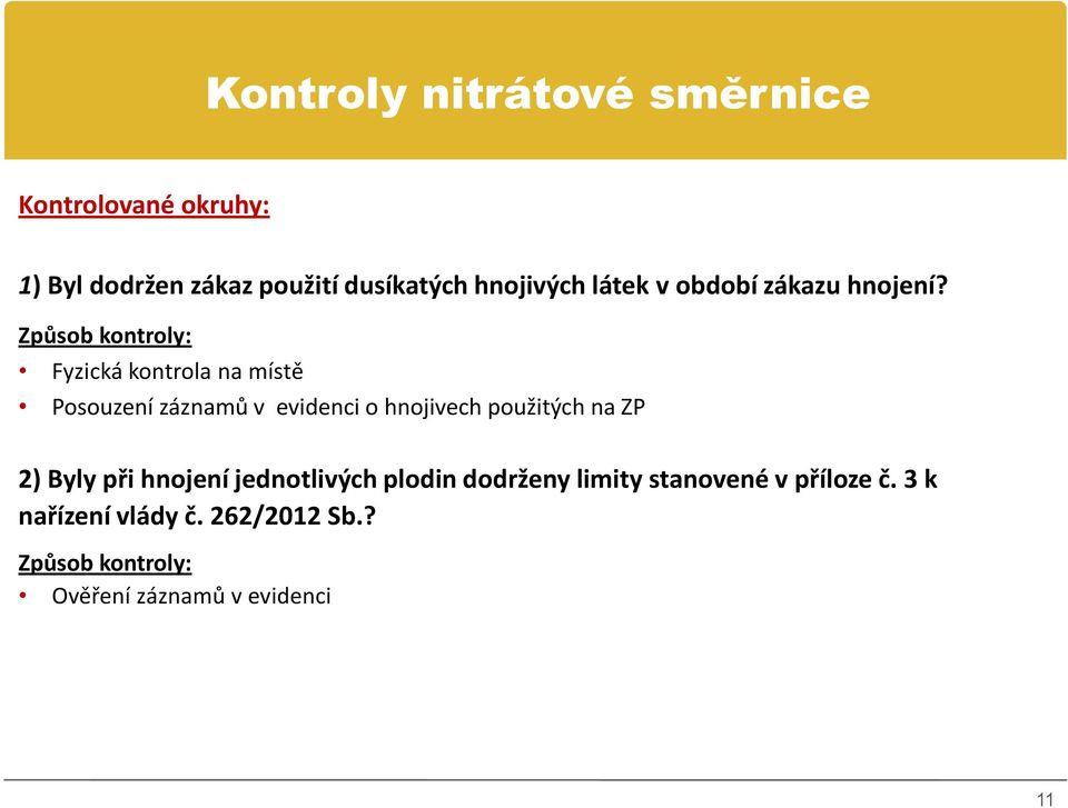 Způsob kontroly: Fyzická kontrola na místě Posouzení záznamů v evidenci o hnojivech použitých na