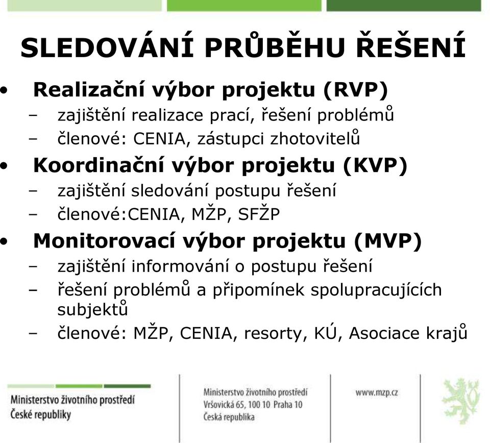 řešení členové:cenia, MŢP, SFŢP Monitorovací výbor projektu (MVP) zajištění informování o postupu