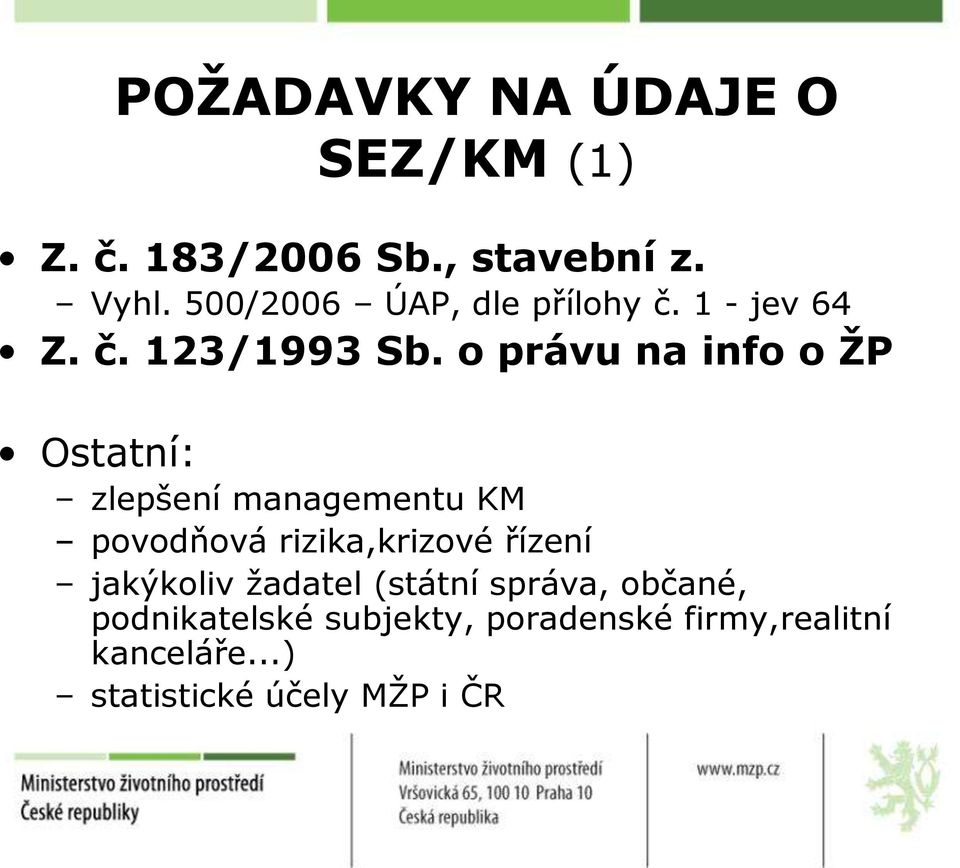 o právu na info o ŽP Ostatní: zlepšení managementu KM povodňová rizika,krizové řízení