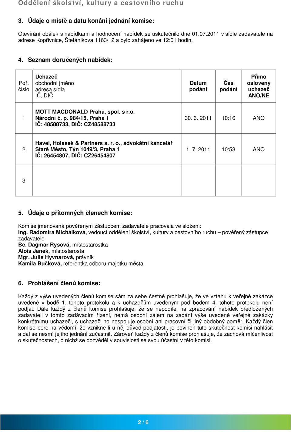 číslo obchodní jméno Datum podání Čas podání Přímo oslovený uchazeč /NE 1 IČ: 48588733, DIČ: CZ48588733 30. 6. 2011 10:16 2 Havel, Holásek & Partners s. r. o., advokátní kancelář Staré Město, Týn 1049/3, Praha 1 IČ: 26454807, DIČ: CZ26454807 1.