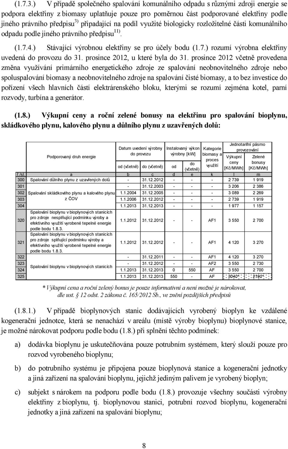 připadající na píl využité biologicky rozložitelné části komunálního padu ple jiného právního předpisu 11). (1.7.4.) Stávající výrobnou elektřiny se pro účely bu (1.7.) rozumí výrobna elektřiny uvedená provozu 31.