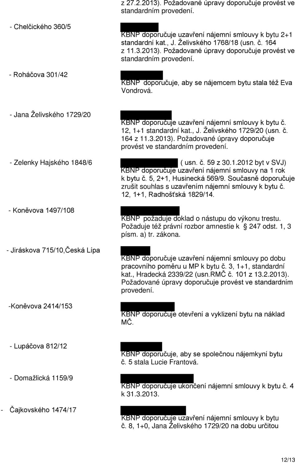 - Jana Želivského 1729/20 KBNP doporučuje uzavření nájemní smlouvy k bytu č. 12, 1+1 standardní kat., J. Želivského 1729/20 (usn. č. 164 z 11.3.2013).