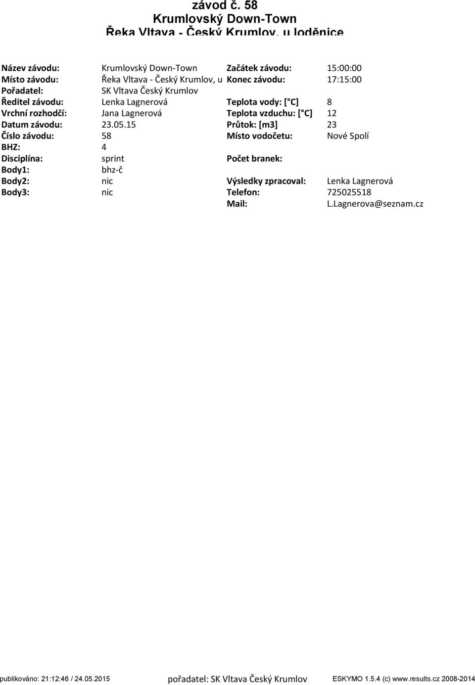 15 Průtok: [m3] 23 Číslo závodu: 58 Místo vodočetu: Nové Spolí BHZ: 4 Disciplína: sprint Počet branek: Body1: bhz-č Body2: nic Výsledky zpracoval: