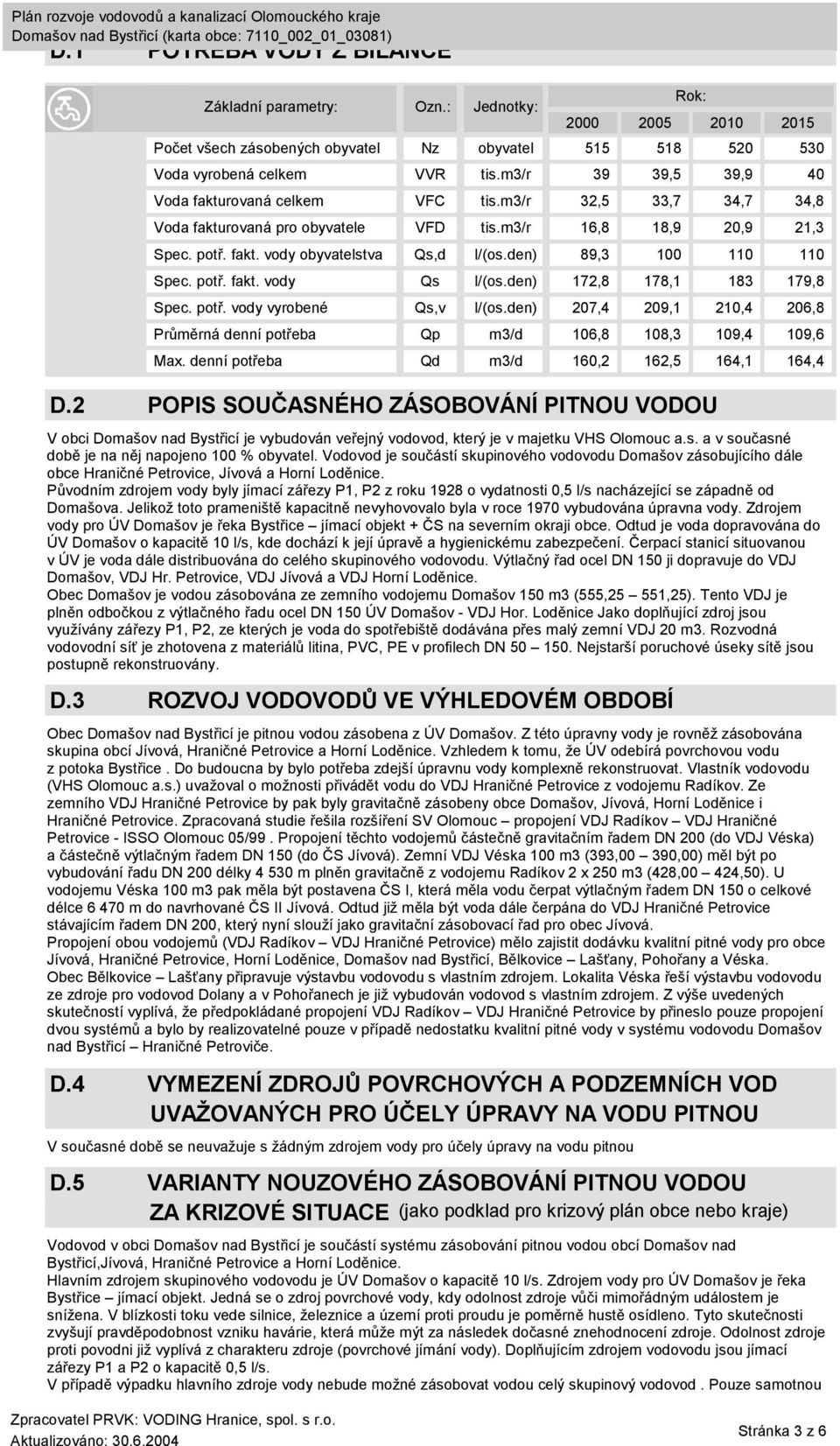 Původním zdrojem vody byly jímací zářezy P1, P2 z roku 1928 o vydatnosti 0,5 l/s nacházející se západně od Domašova.