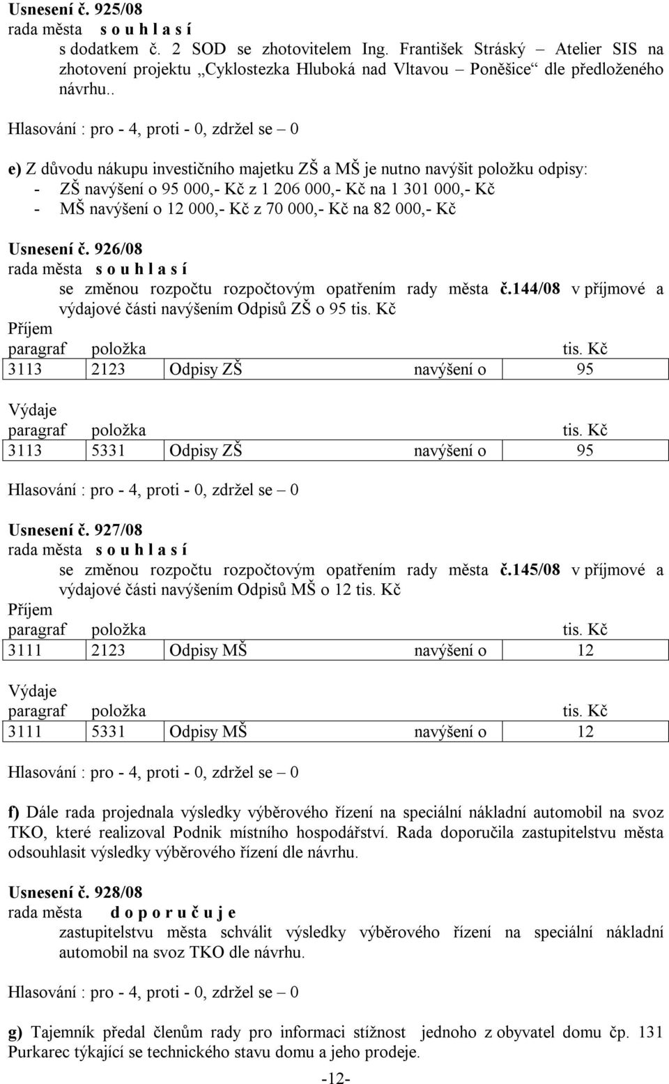 Kč Usnesení č. 926/08 se změnou rozpočtu rozpočtovým opatřením rady města č.144/08 v příjmové a výdajové části navýšením Odpisů ZŠ o 95 tis.