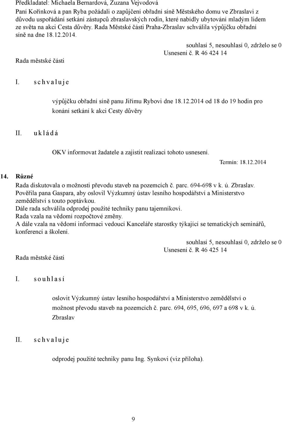 s c h v a l u j e výpůjčku obřadní síně panu Jiřímu Rybovi dne 18.12.2014 od 18 do 19 hodin pro konání setkání k akci Cesty důvěry OKV informovat žadatele a zajistit realizaci tohoto usnesení.