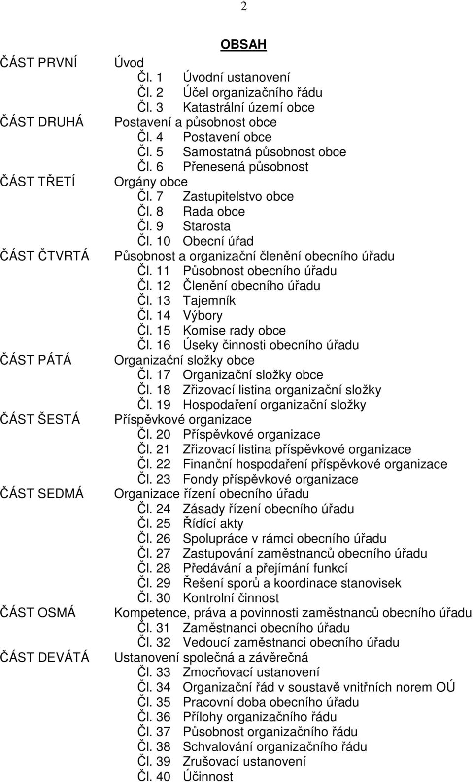 9 Starosta Čl. 10 Obecní úřad Působnost a organizační členění obecního úřadu Čl. 11 Působnost obecního úřadu Čl. 12 Členění obecního úřadu Čl. 13 Tajemník Čl. 14 Výbory Čl. 15 Komise rady obce Čl.