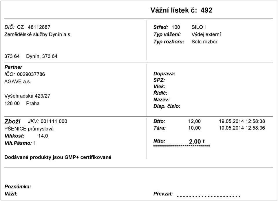 é služby Dynín a.s. Solo rozbor 373 64 Dynín, 373 64 Partner IČO: 0029037786 Doprava: SPZ: Vlek: Řidič: Nazev: Disp.