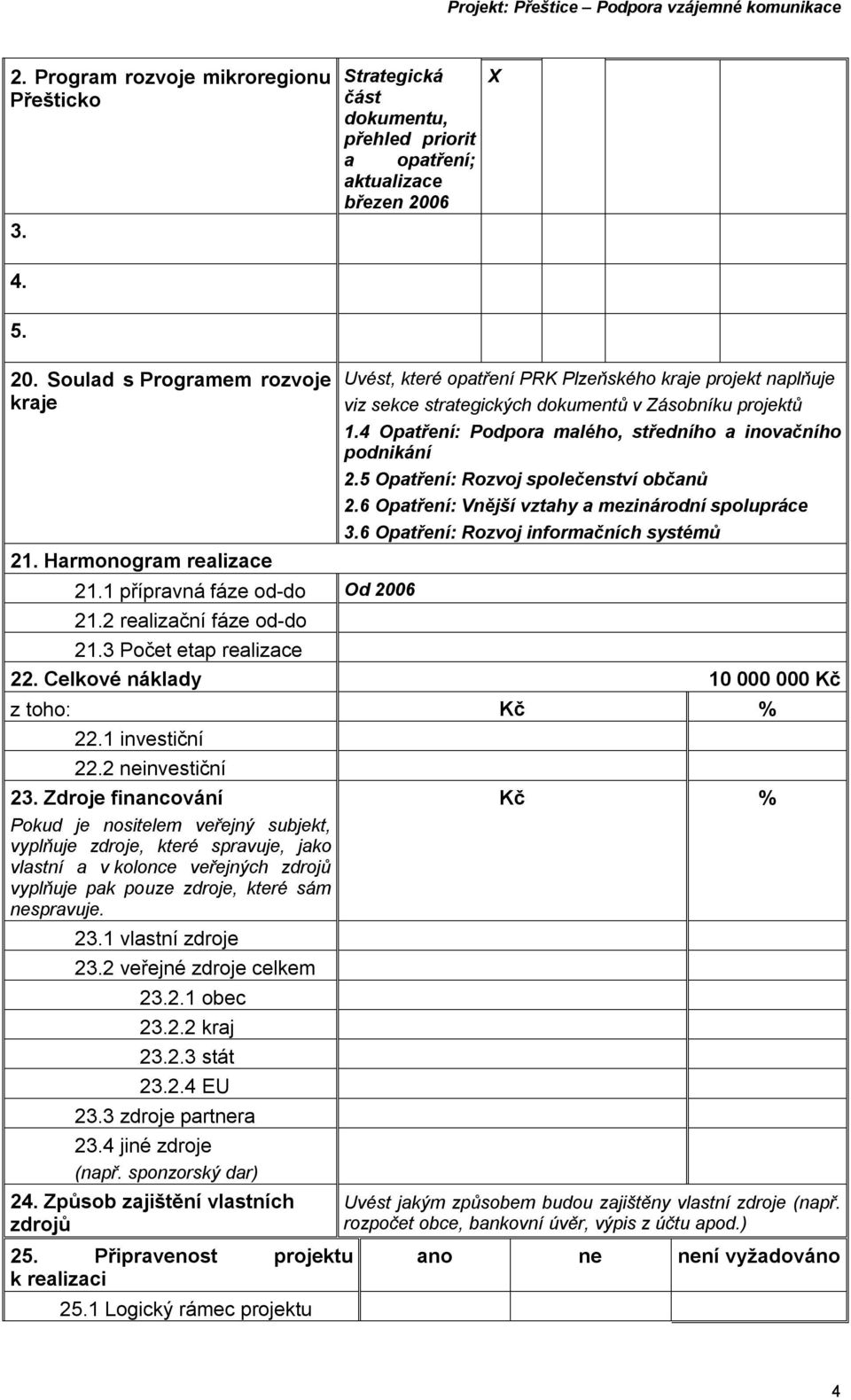 4 Opatření: Podpora malého, středního a inovačního podnikání 2.5 Opatření: Rozvoj společenství občanů 2.6 Opatření: Vnější vztahy a mezinárodní spolupráce 3.6 Opatření: Rozvoj informačních systémů 21.