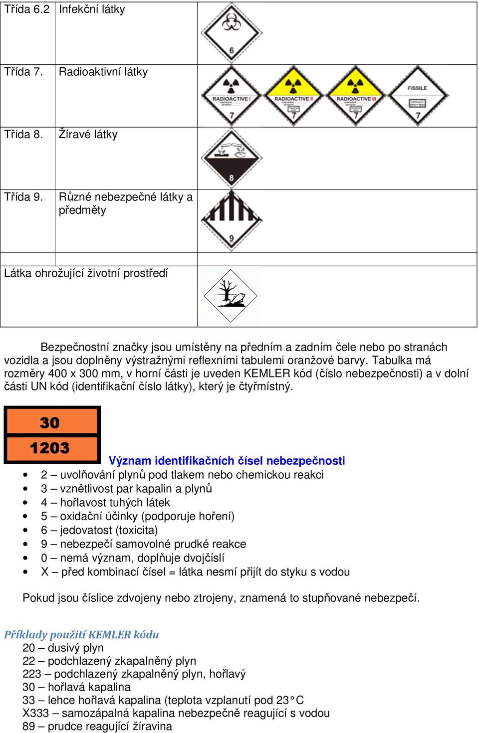 tabulemi oranžové barvy. Tabulka má rozměry 400 x 300 mm, v horní části je uveden KEMLER kód (číslo nebezpečnosti) a v dolní části UN kód (identifikační číslo látky), který je čtyřmístný.