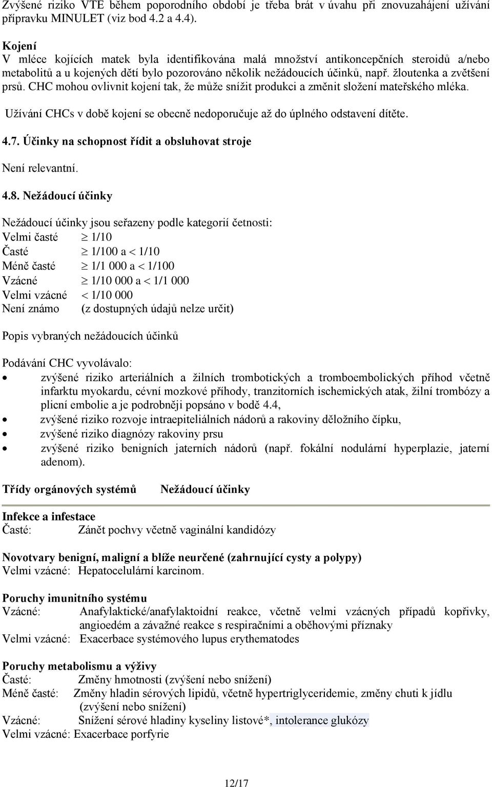 žloutenka a zvětšení prsů. CHC mohou ovlivnit kojení tak, že může snížit produkci a změnit složení mateřského mléka. Užívání CHCs v době kojení se obecně nedoporučuje až do úplného odstavení dítěte.