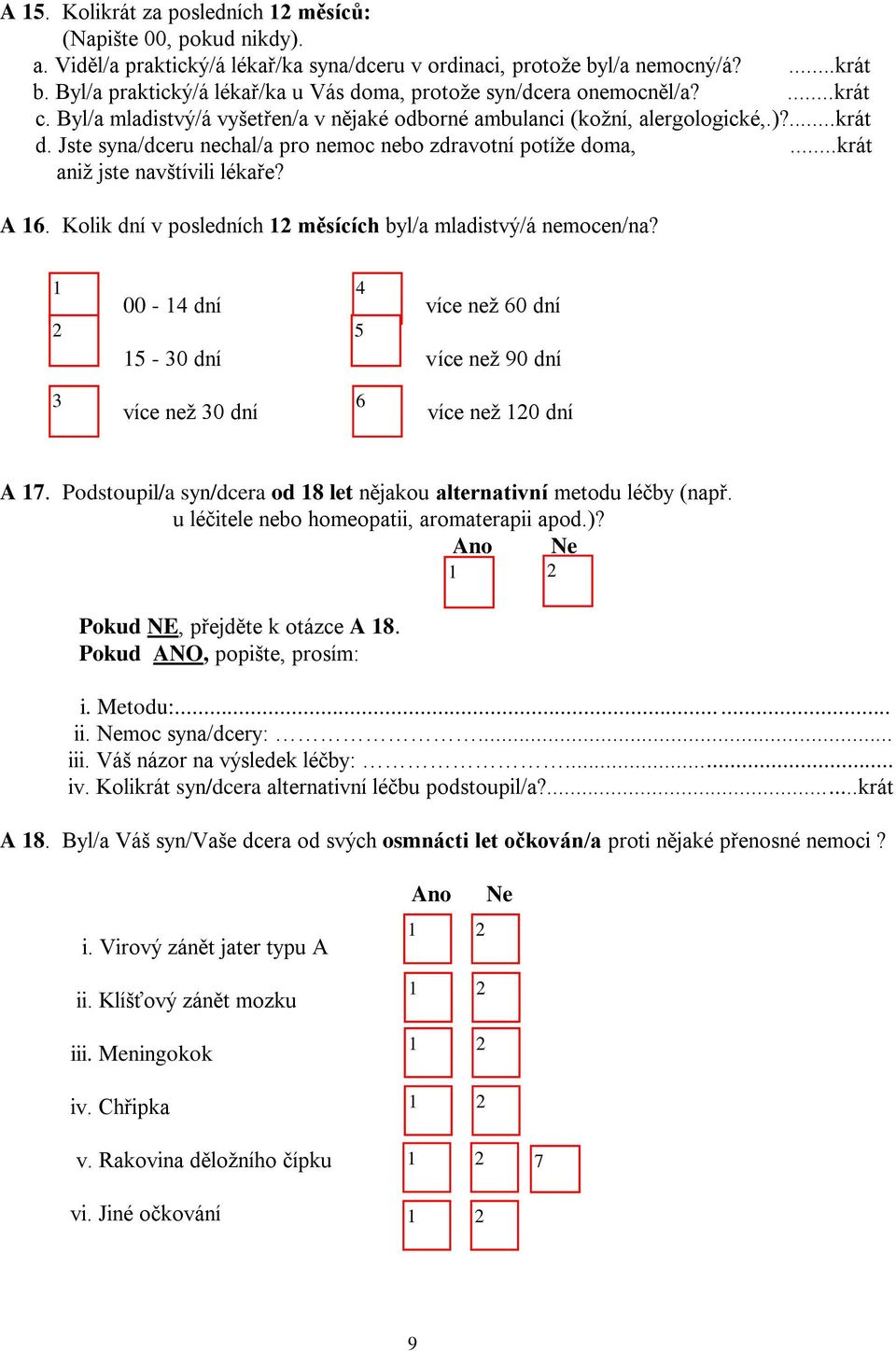 Jste syna/dceru nechal/a pro nemoc nebo zdravotní potíže doma,...krát aniž jste navštívili lékaře? A 6. Kolik dní v posledních měsících byl/a mladistvý/á nemocen/na?