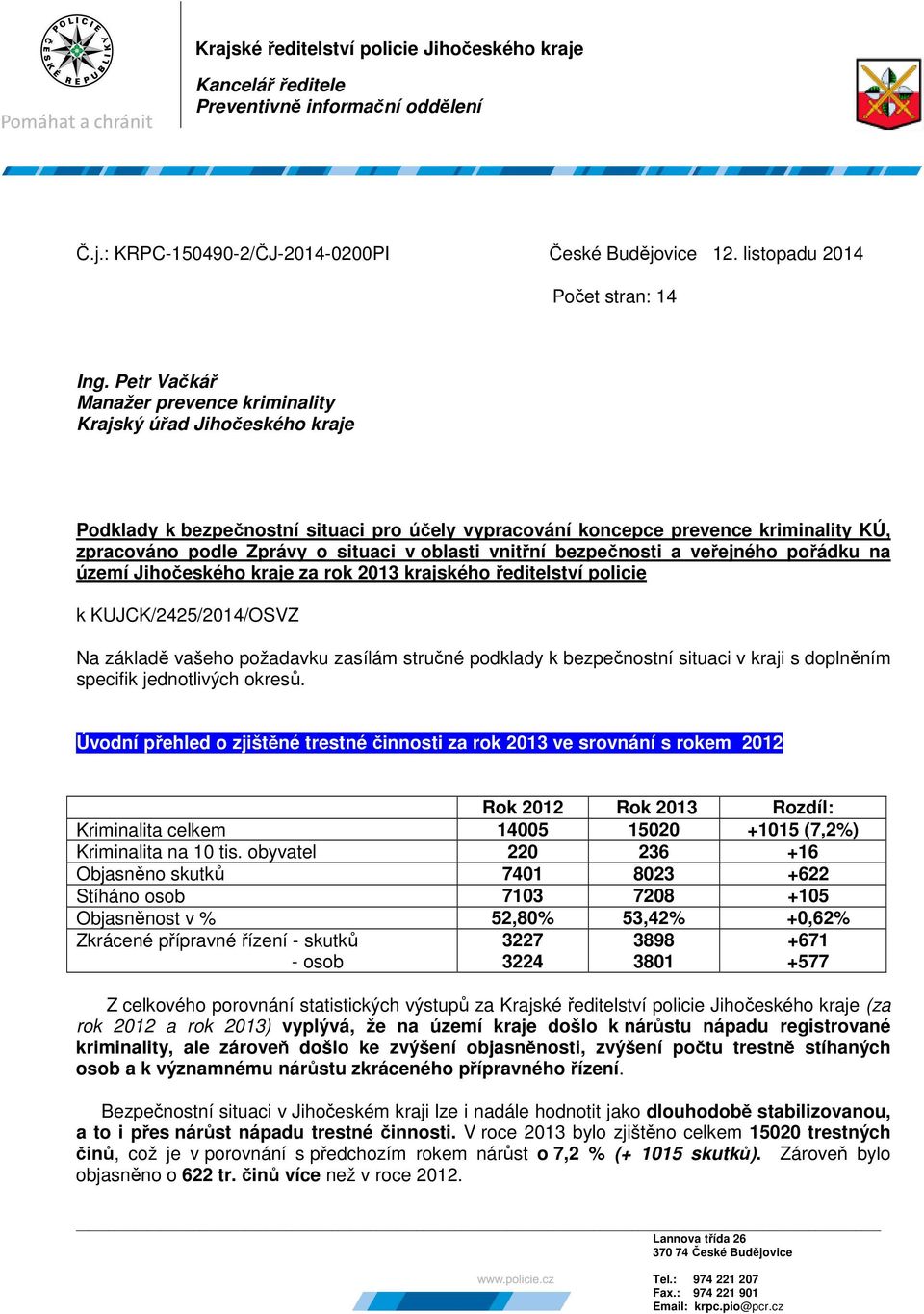 oblasti vnitřní bezpečnosti a veřejného pořádku na území Jihočeského kraje za rok 2013 krajského ředitelství policie k KUJCK/2425/2014/OSVZ Na základě vašeho požadavku zasílám stručné podklady k