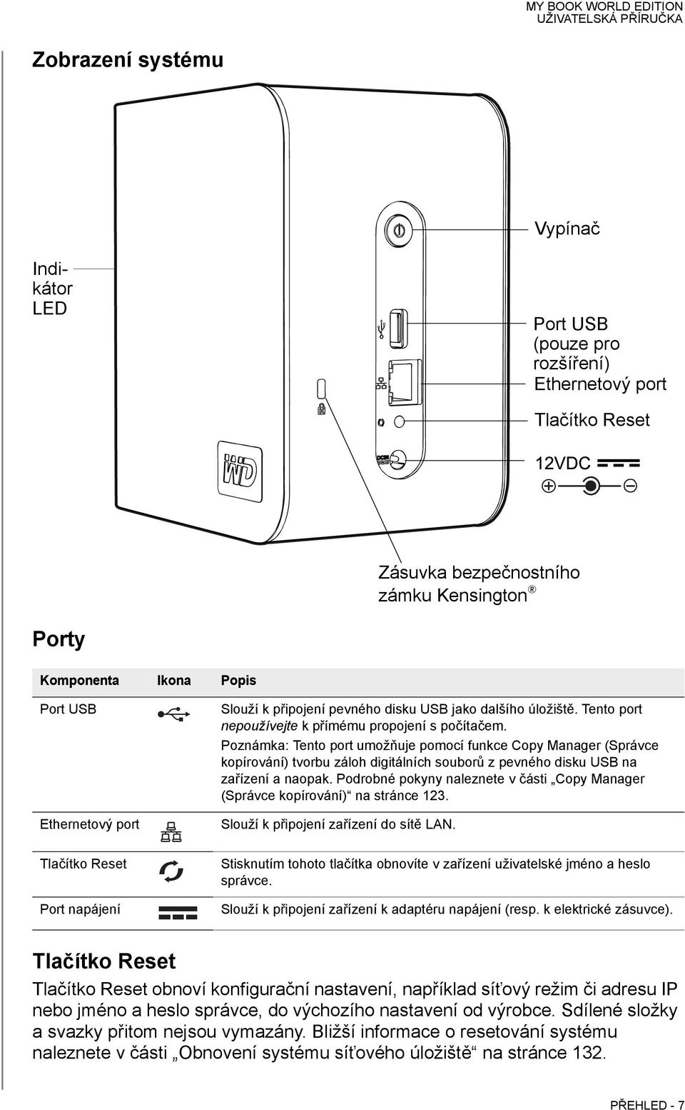 Poznámka: Tento port umožňuje pomocí funkce Copy Manager (Správce kopírování) tvorbu záloh digitálních souborů z pevného disku USB na zařízení a naopak.