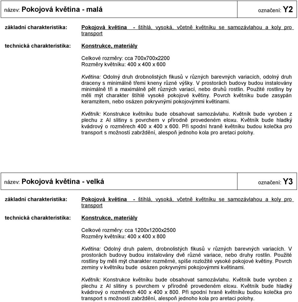 V prostorách budovy budou instalovány minimálně tři a maximálně pět různých variací, nebo druhů rostlin. Použité rostliny by měli mýt charakter štíhlé vysoké pokojové květiny.