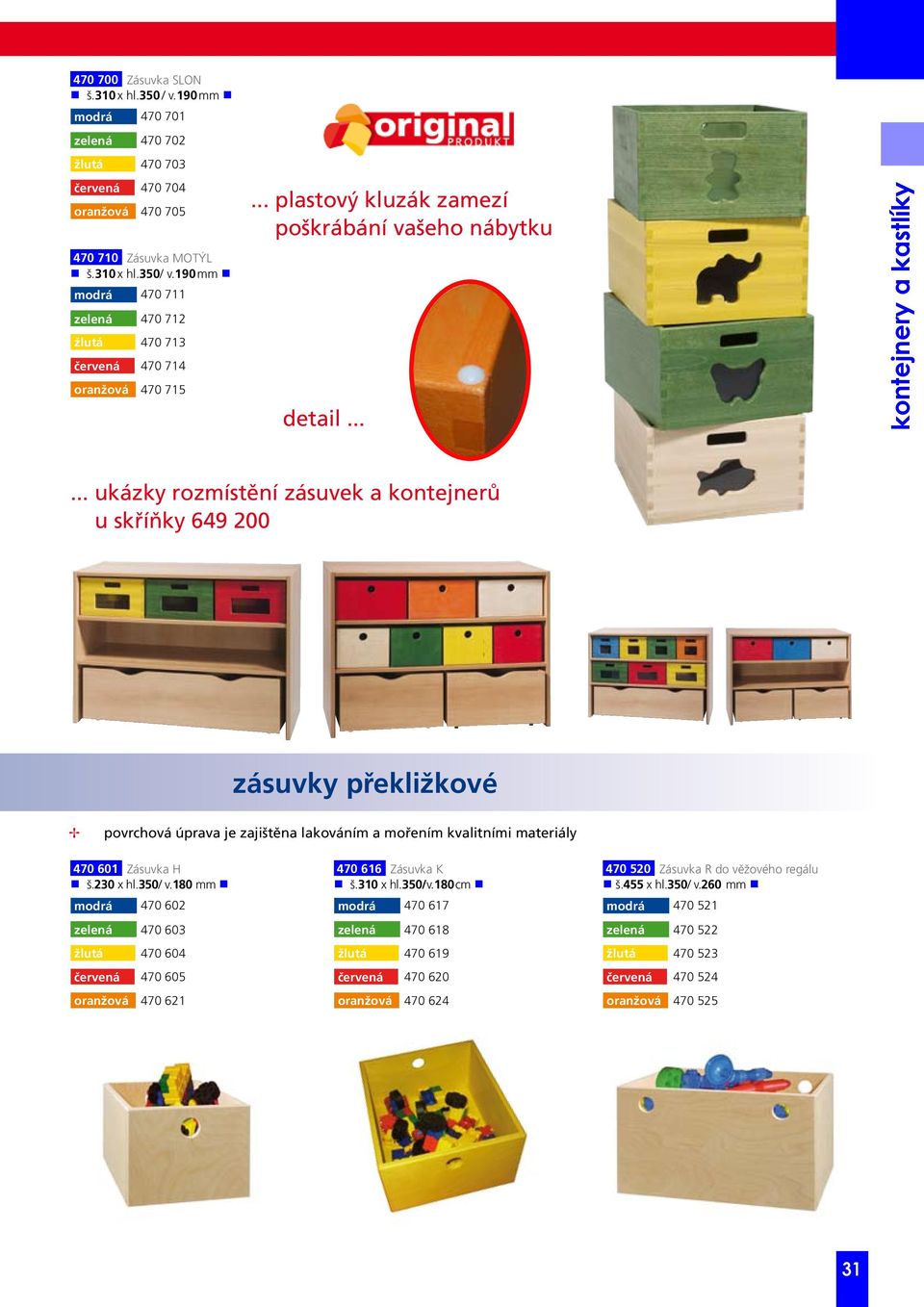 .. ukázky rozmístění zásuvek a kontejnerů u skříňky 649 200 zásuvky překližkové povrhová úprava je zajištěna lakováním a mořením kvalitními materiály 470 601 Zásuvka H g š.230 x hl.350/ v.