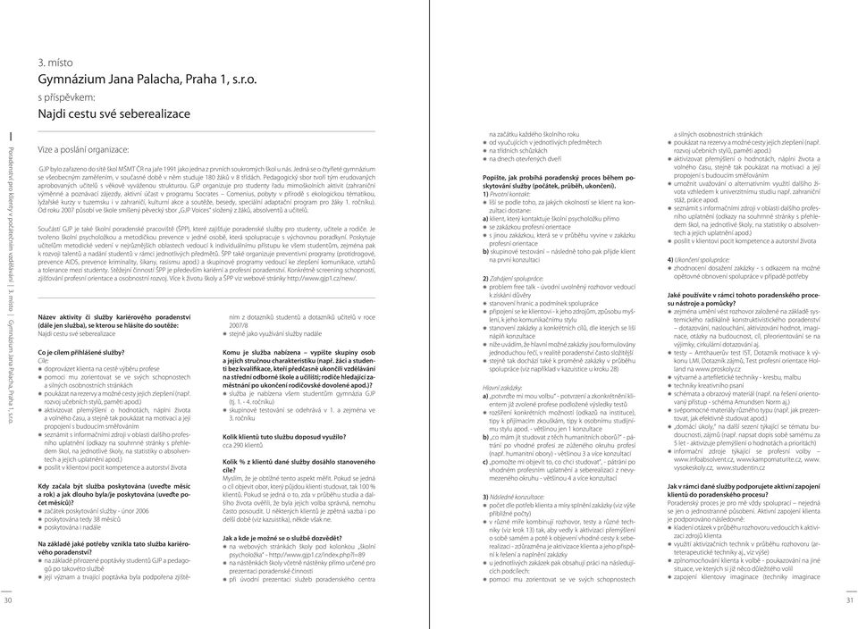GJP organizuje pro studenty řadu mimoškolních aktivit (zahraniční výměnné a poznávací zájezdy, aktivní účast v programu Socrates Comenius, pobyty v přírodě s ekologickou tématikou, lyžařské kurzy v