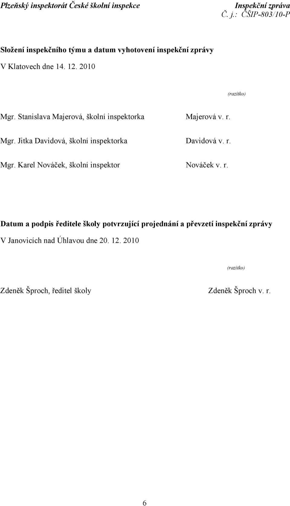 r. Datum a podpis ředitele školy potvrzující projednání a převzetí inspekční zprávy V Janovicích nad Úhlavou dne