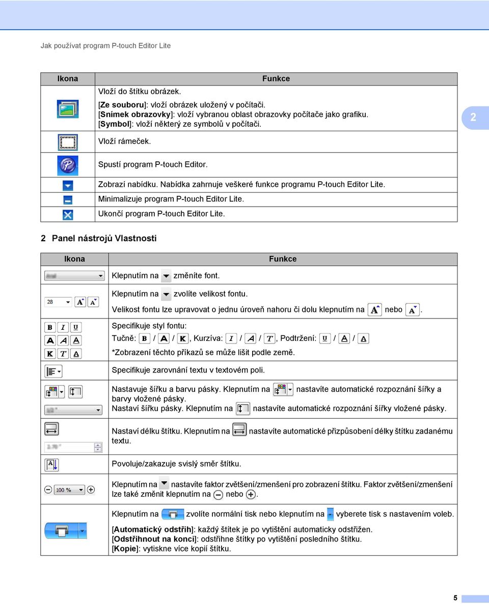 Minimalizuje program P-touch Editor Lite. Ukončí program P-touch Editor Lite. 2 Panel nástrojů Vlastnosti Ikona Funkce Klepnutím na Klepnutím na změníte font. zvolíte velikost fontu.