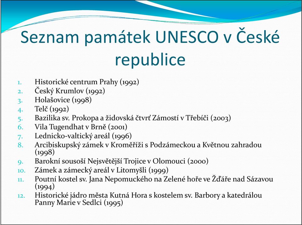 Arcibiskupský zámek v Kroměříži s Podzámeckou a Květnou zahradou (1998) 9. Barokní sousoší Nejsvětější Trojice v Olomouci (2000) 10.