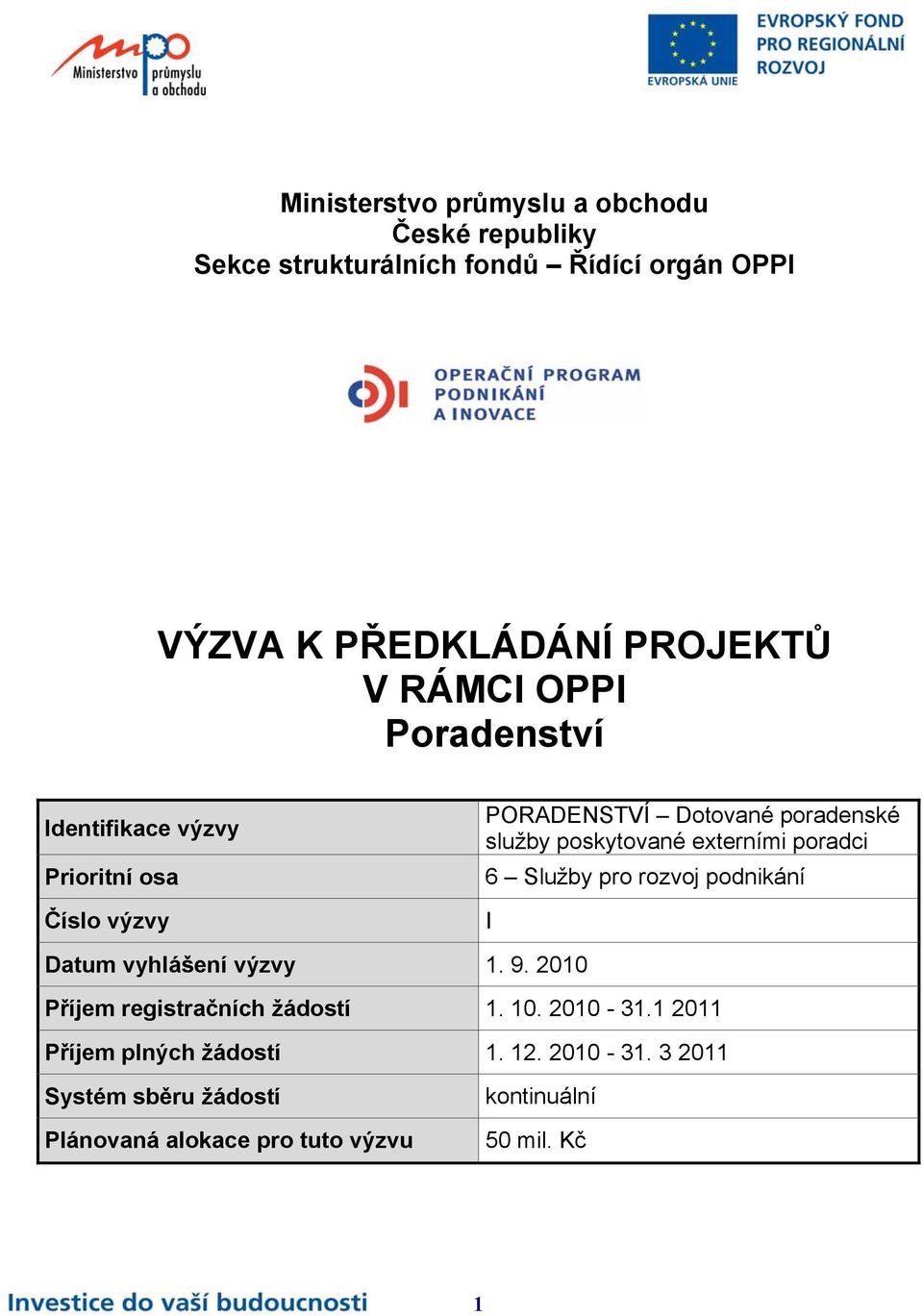 externími poradci 6 Služby pro rozvoj podnikání I Datum vyhlášení výzvy 1. 9. 2010 Příjem registračních žádostí 1. 10.
