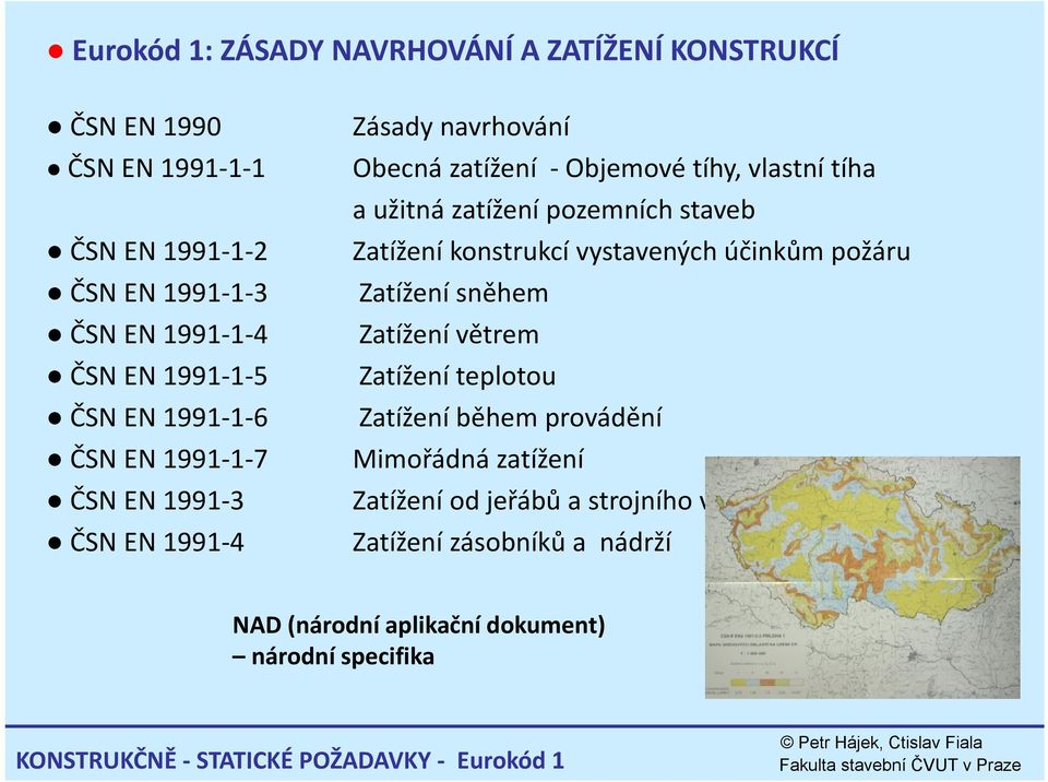 Zatížení konstrukcí vystavených účinkům požáru Zatížení sněhem Zatížení větrem Zatížení teplotou Zatížení během provádění Mimořádná zatížení Zatížení