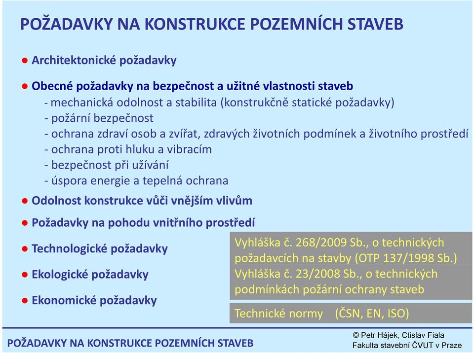 tepelná ochrana Odolnost konstrukce vůči vnějším vlivům Požadavky na pohodu vnitřního prostředí Technologické požadavky Ekologické požadavky Ekonomické požadavky Vyhláška č. 268/2009 Sb.