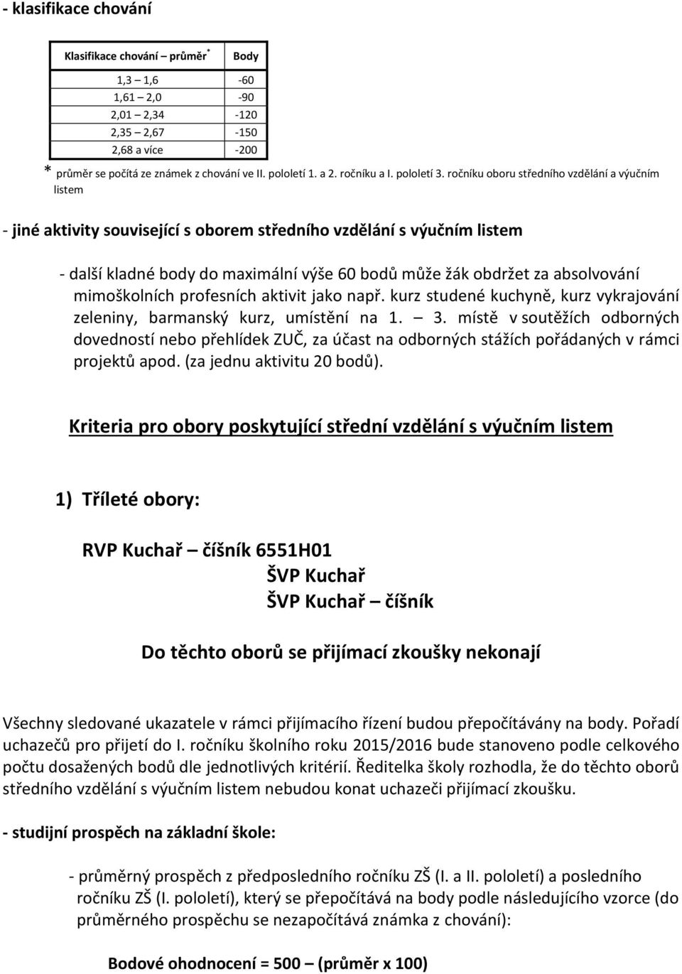 absolvování mimoškolních profesních aktivit jako např. kurz studené kuchyně, kurz vykrajování zeleniny, barmanský kurz, umístění na 1. 3.