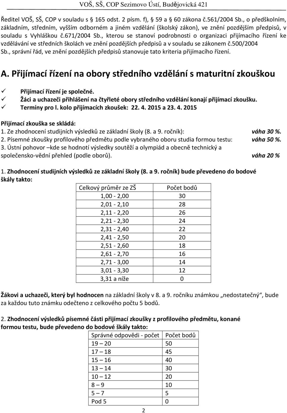 , kterou se stanoví podrobnosti o organizaci přijímacího řízení ke vzdělávání ve středních školách ve znění pozdějších předpisů a v souladu se zákonem č.500/2004 Sb.