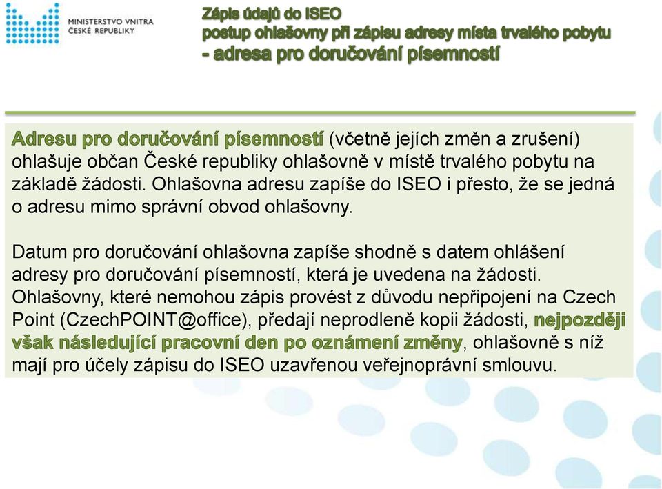 Datum pro doručování ohlašovna zapíše shodně s datem ohlášení adresy pro doručování písemností, která je uvedena na žádosti.