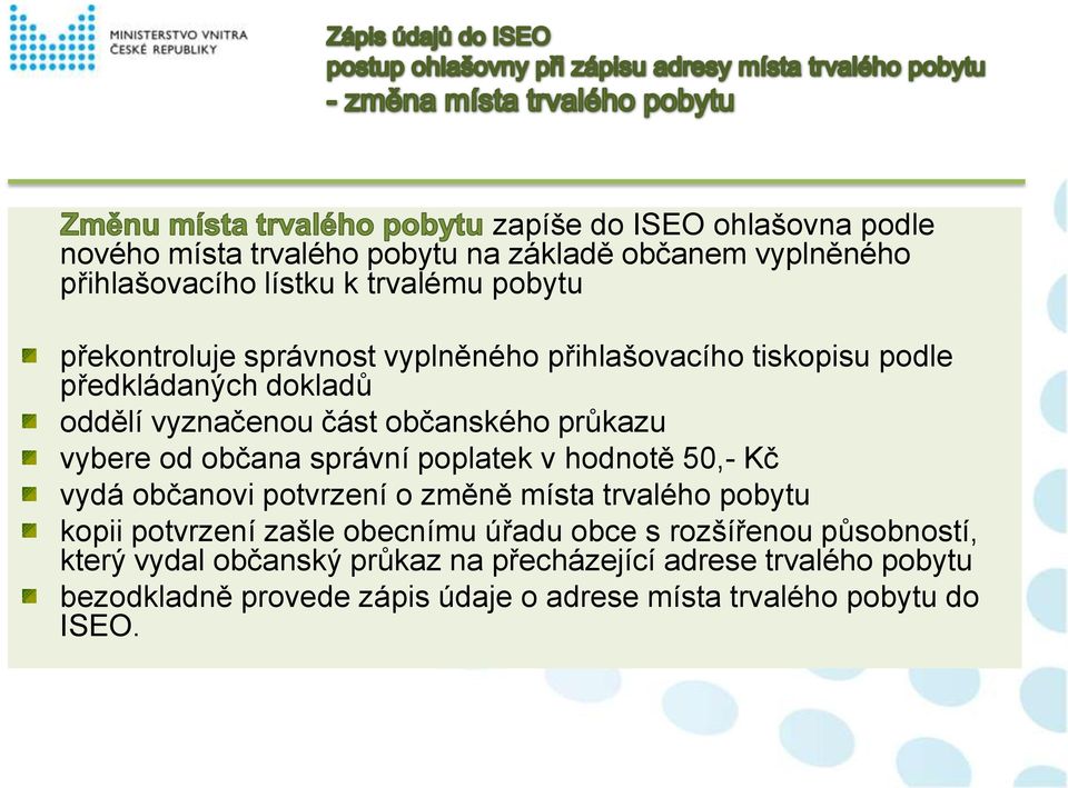 občana správní poplatek v hodnotě 50,- Kč vydá občanovi potvrzení o změně místa trvalého pobytu kopii potvrzení zašle obecnímu úřadu obce s