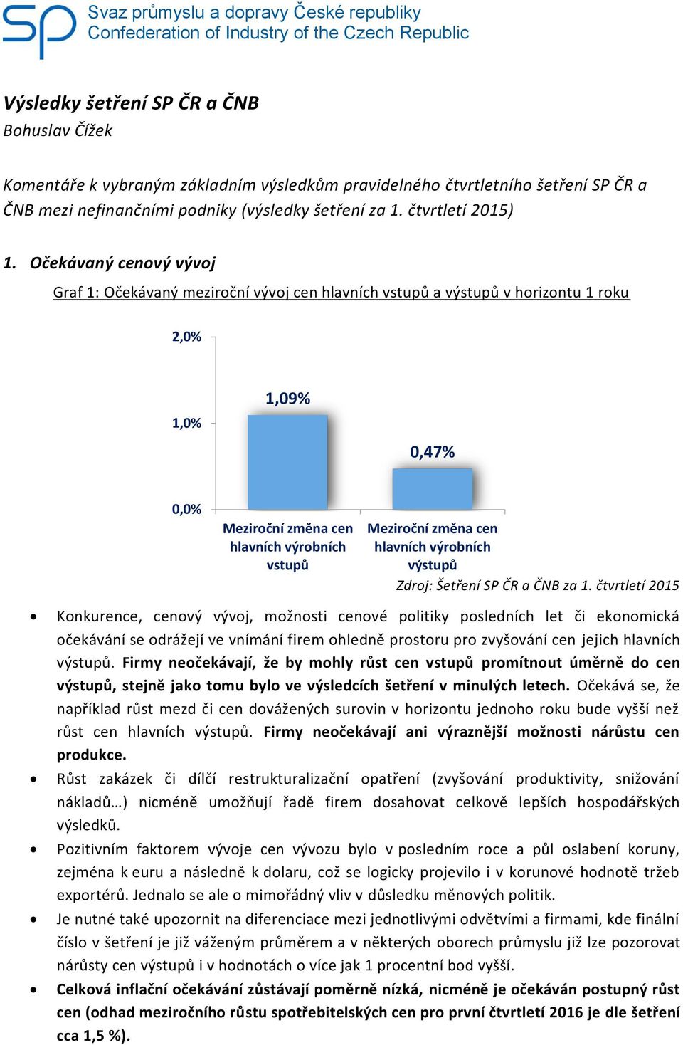 Očekávaný cenový vývoj Graf 1: Očekávaný meziroční vývoj cen hlavních vstupů a výstupů v horizontu 1 roku 2,0% 1,0% 1,09% 0,47% 0,0% Meziroční změna cen hlavních výrobních vstupů Meziroční změna cen