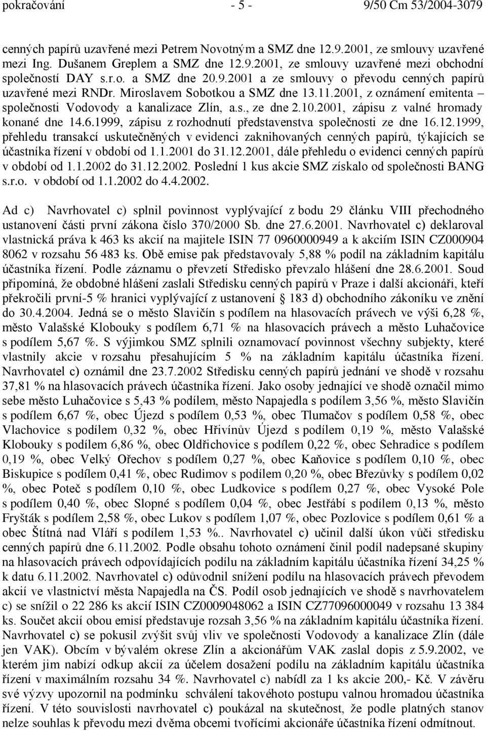 10.2001, zápisu z valné hromady konané dne 14.6.1999, zápisu z rozhodnutí představenstva společnosti ze dne 16.12.