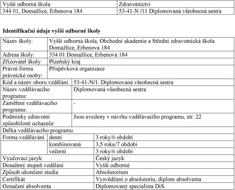 Diplomovaná všeobecná sestra Název vzdělávacího Diplomovaná všeobecná sestra programu: Zaměření vzdělávacího - programu: Podmínky zdravotní Jsou uvedeny v návrhu vzdělávacího programu, str.