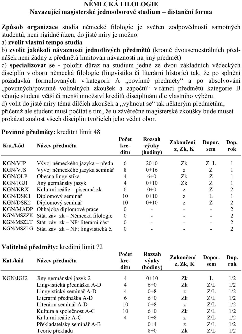 specializovat se - položit důraz na studium jedné ze dvou základních vědeckých disciplín v oboru německá filologie (lingvistika či literární historie) tak, že po splnění požadavků formulovaných v